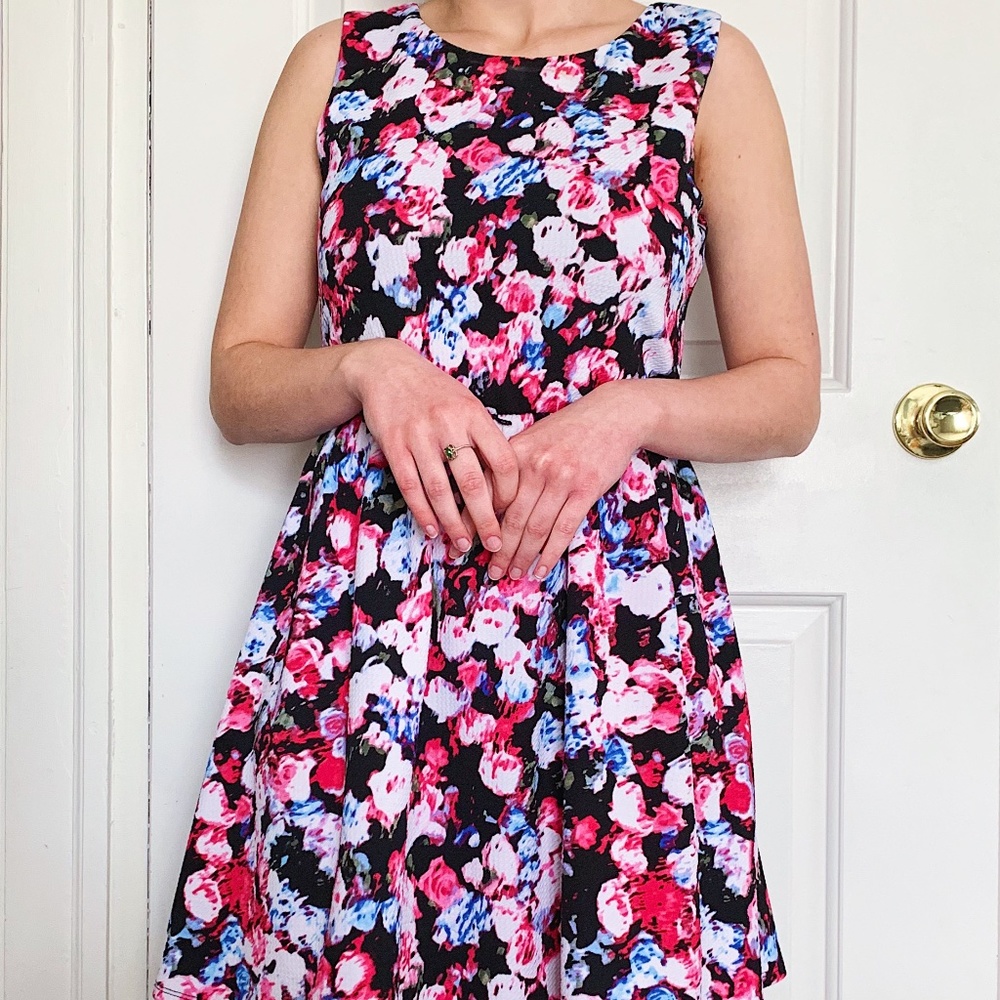 Black Floral A-Line Dress w Pink/Blue/Green